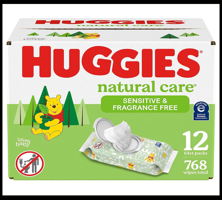 Huggies Natural Care Sensitive Baby Wipes, Unscented, Hypoallergenic, 99% Purified Water, 12 Flip-Top Packs (768 Wipes Total)